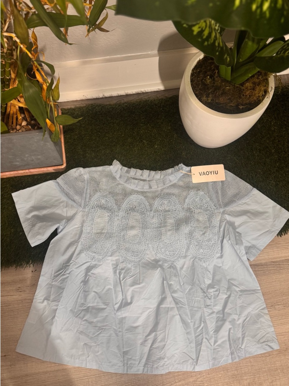 Light Blue Embroidered Short Sleeve Top